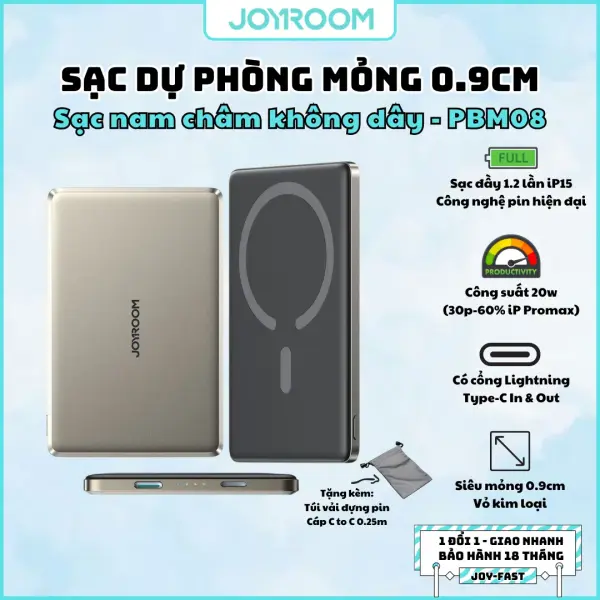 Sạc dự phòng 20W Joyroom PBM08 ultra thin metal magnetic wireless charging dùng cho điện thoại không dây iPhone, Samsung